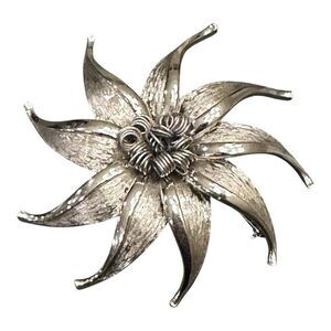 Vintage Flower Star Silver Tone MCM Brooch Modernist  Brushed Metal Pin Retro
